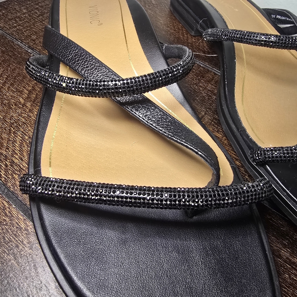 Vionic Womens Prism Sandal Black 9 Rhinestone Gem Sparkle Leather Strappy - Picture 4 of 13